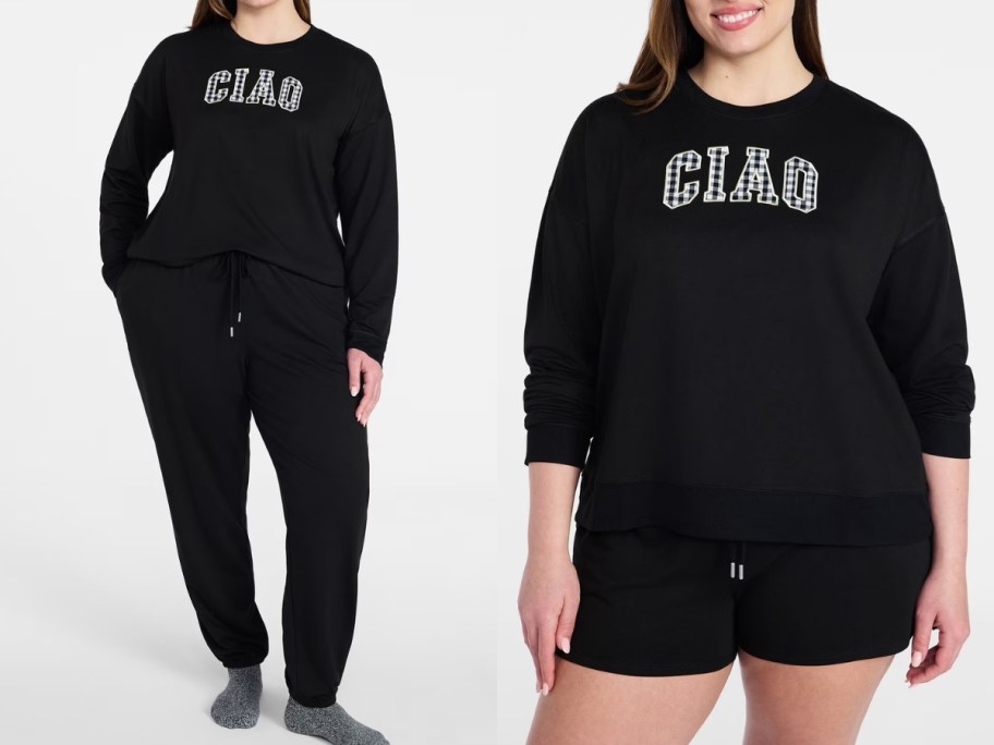 women wearing joyspun lounge sets with long sleeved shirts and ciao written on front