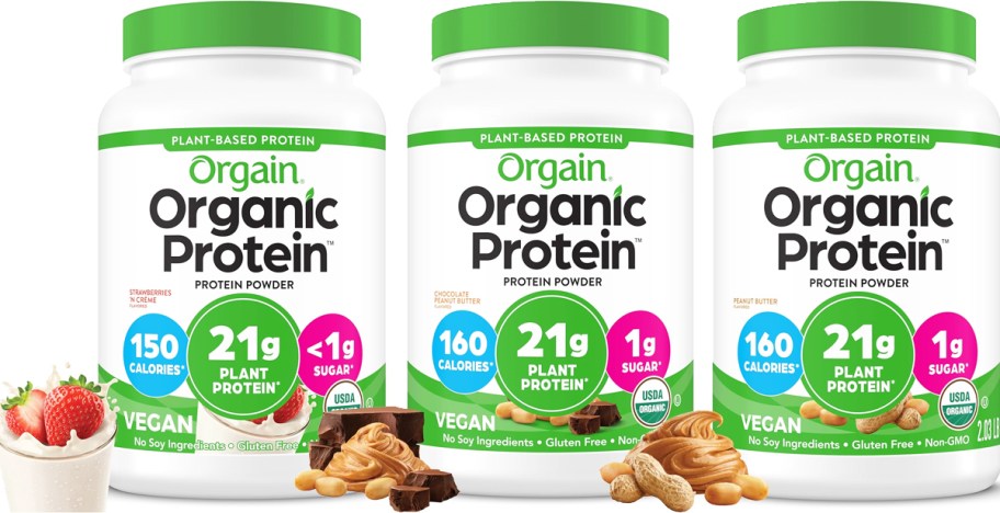 3 containers of Orgain Protein Powder