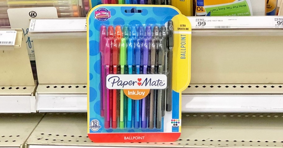 pack of colorful pens on store shelf