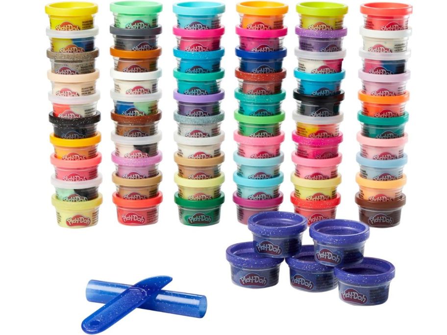 Stock image of Play-Doh Ultimate Color Collection 1oz Cans 65-Count with knife and roller