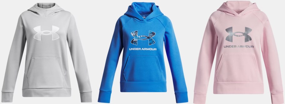 grey, blue, and pink hoodies in a row