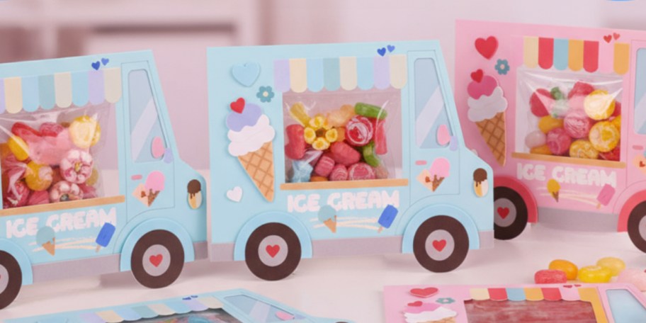 blue and pink ice cream truck valentines with treats 