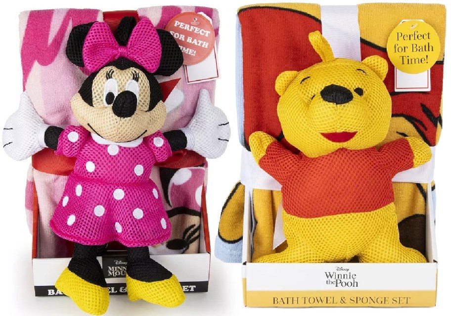 Minnie Mouse and Winnie the Pooh bath towel sets. Each includes a plush sponge in their likeness, colorful towels, and tags stating "Perfect for Bath Time!"
