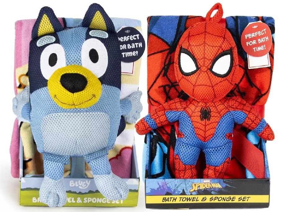 Two plush characters, Bluey and Spiderman, are displayed with colorful bath towels labeled "Perfect for Bath Time!" in bright, playful packaging.