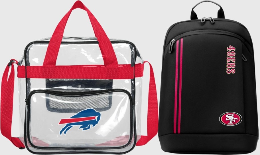 a clear messenger bag and black laptop bag