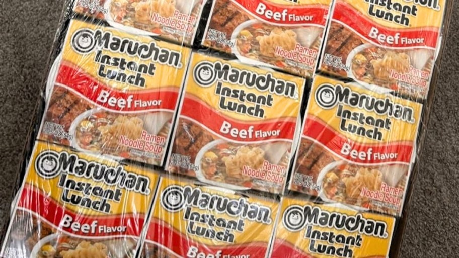 a 12 pack of beef ramen noodle cups