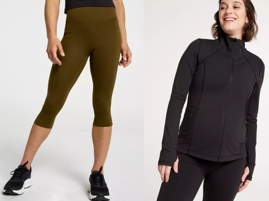 Two images of athletic wear. Left: Person in olive capri leggings and black sneakers on a white background. Right: Smiling person in a zipped black jacket and black pants.