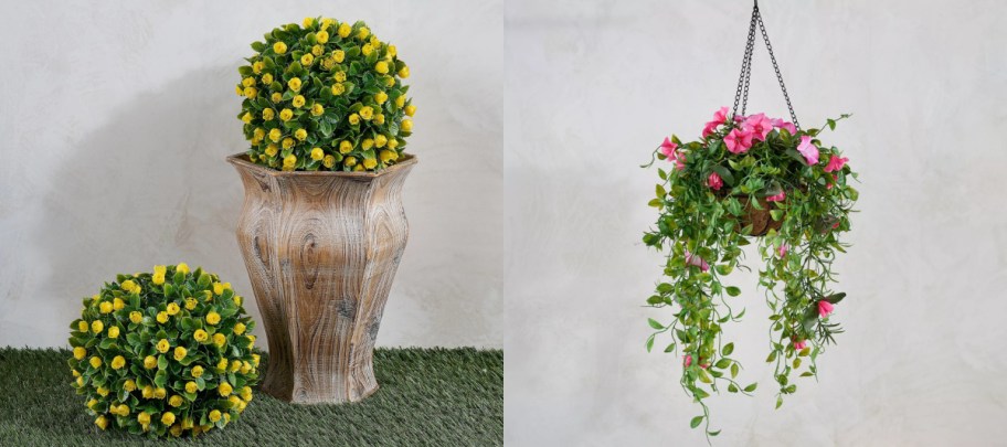 Two artificial plants. Left: Yellow flowers in a tall wooden pot on grass, with another plant beside. Right: Hanging basket with cascading pink flowers.