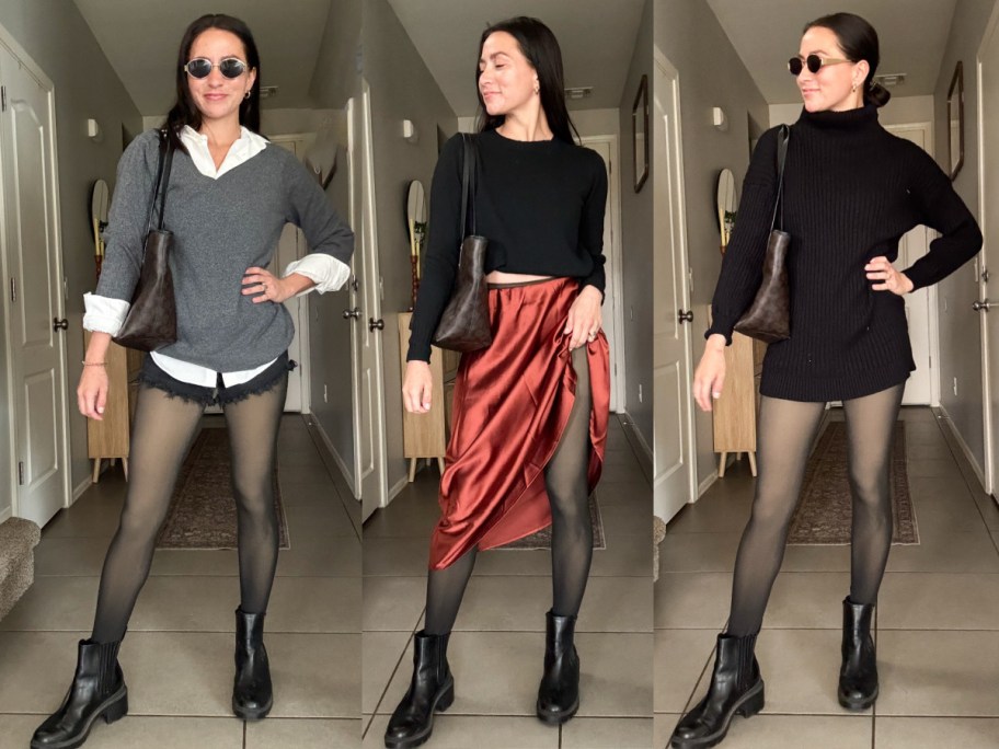 woman shown styling fleece lined tights three ways