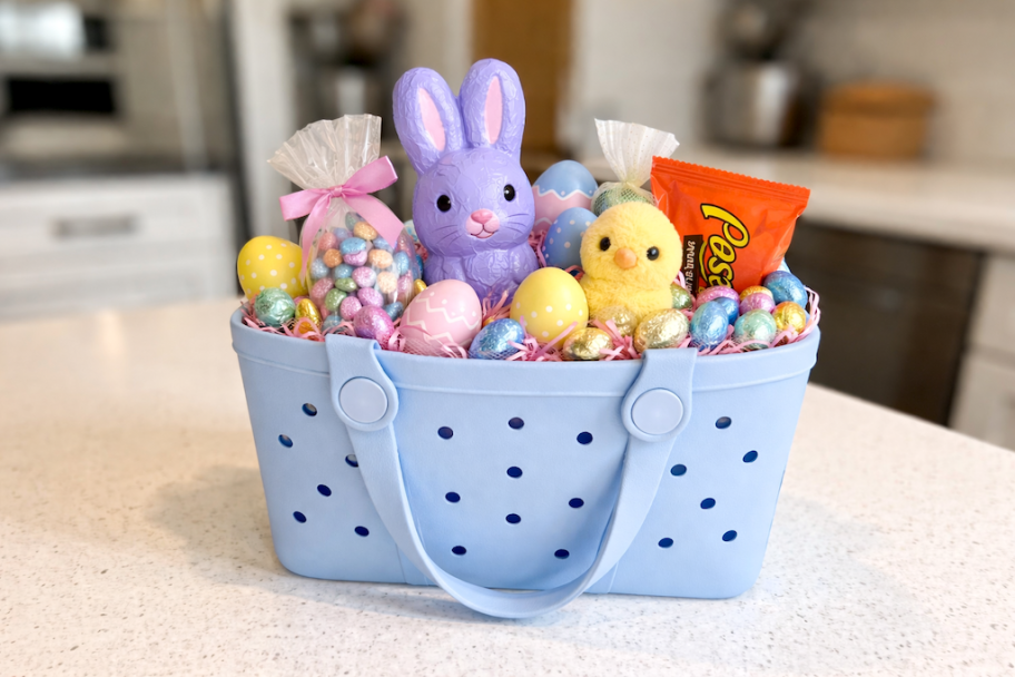 purple bogg bag lookalike with easter stuff inside