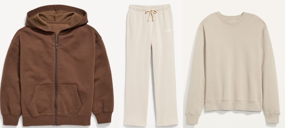A casual clothing set featuring a brown hoodie with a front zipper, beige drawstring sweatpants, and a matching beige sweatshirt.