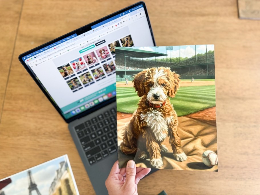 hand holding a pic of a dog with a laptop in the background