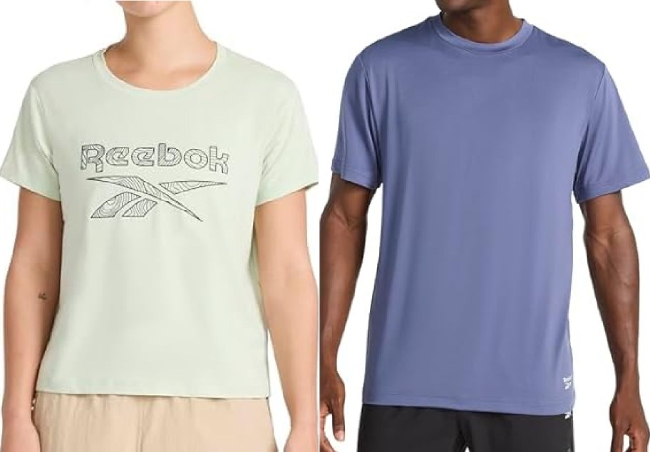 Two people are shown wearing plain t-shirts. The person on the left wears a light green Reebok shirt with logo, while the person on the right wears a plain blue Reebok shirt.