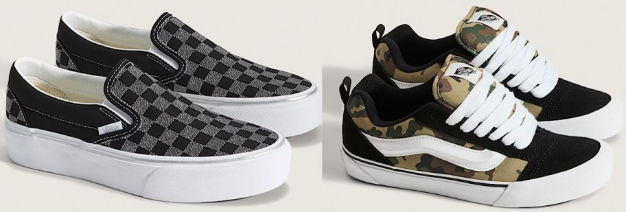 black checkerboard and camo vans shoes 