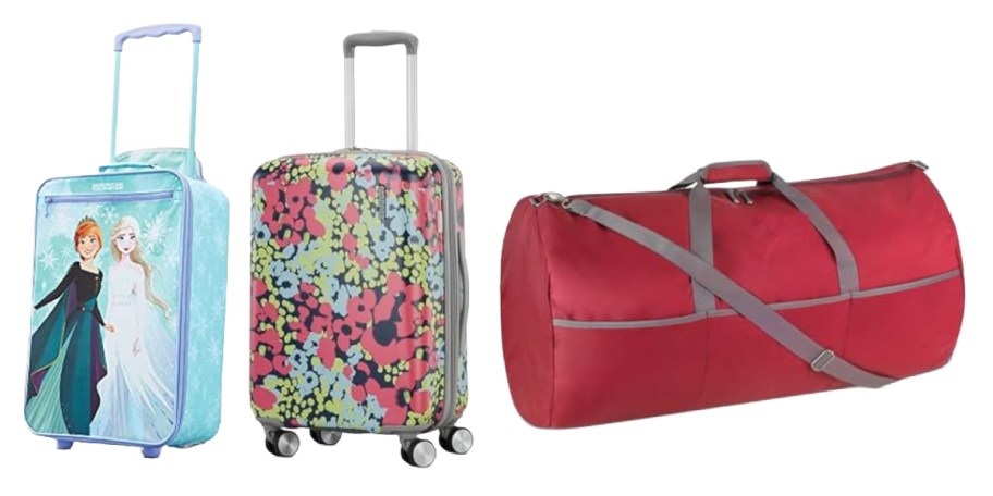 frozen small luggage, floral luggage, and red duffel