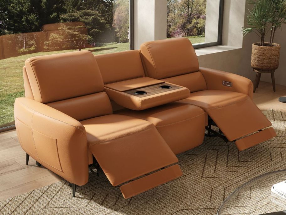 AeroStretch Power Zero Wall Hugger Reclining Sofa w/ Drop Down Table Tray in living room