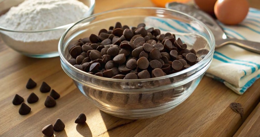 bowl of chocolate chips on counter near baking ingredients 