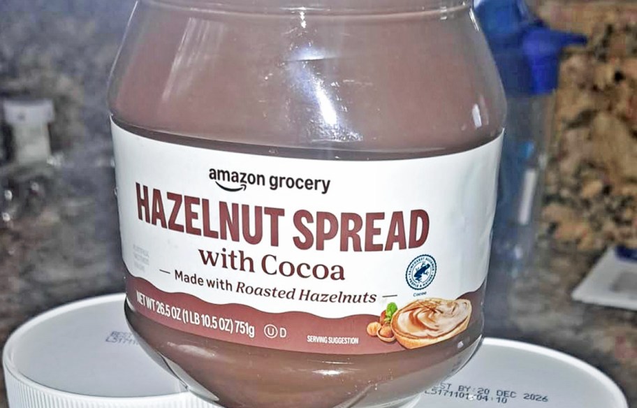 large brown jar of Amazon Grocery Hazelnut Spread