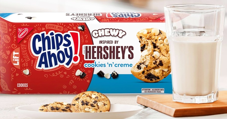 red pack of Chips Ahoy! Chewy Cookies w/ Hershey's Cookies 'n' Creme near a glass of milk