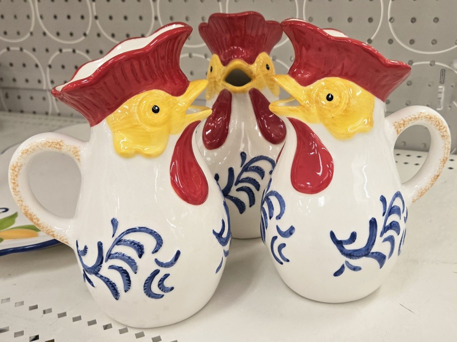ceramic pitchers in the shape of chickens on store shelf