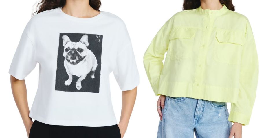 two women wearing Scoop Women's Cropped Tee and Cropped Oversized Button-Down Shirt