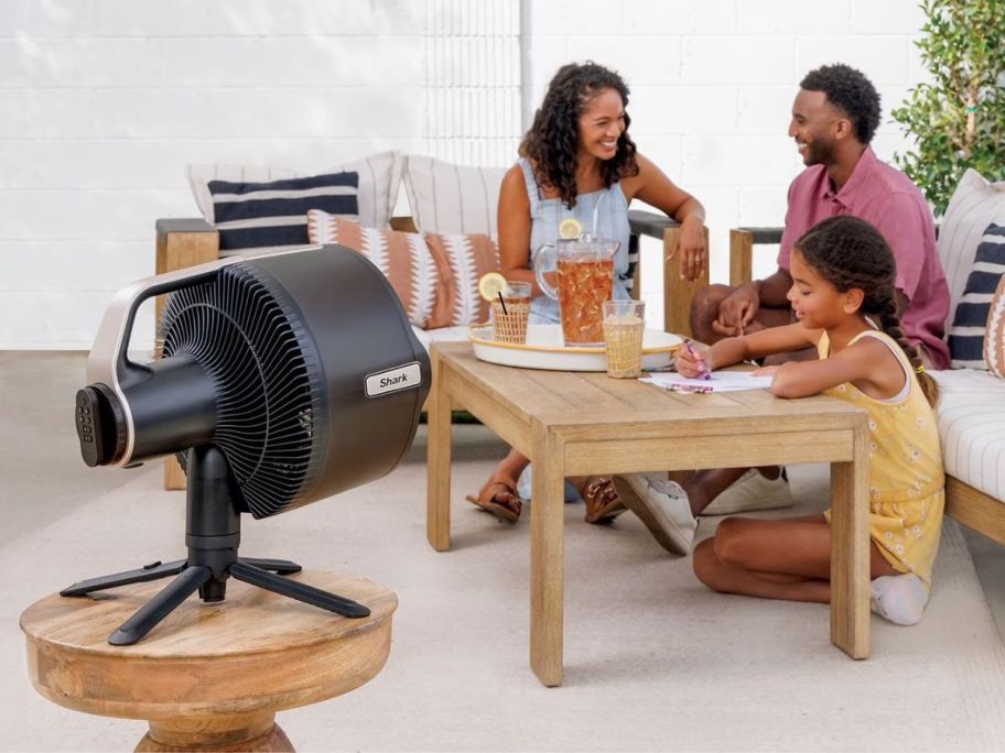 Family sitting in the path of a Shark FlexBreeze Fan