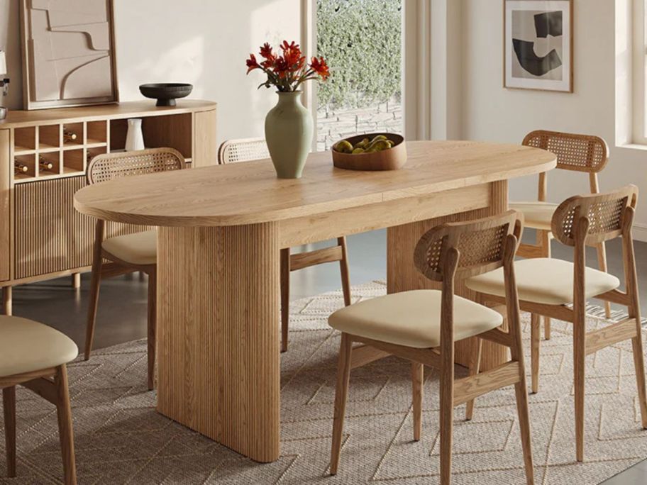 Todd Japandi Extendable Oval Wood Fluted Dining Table in dining room