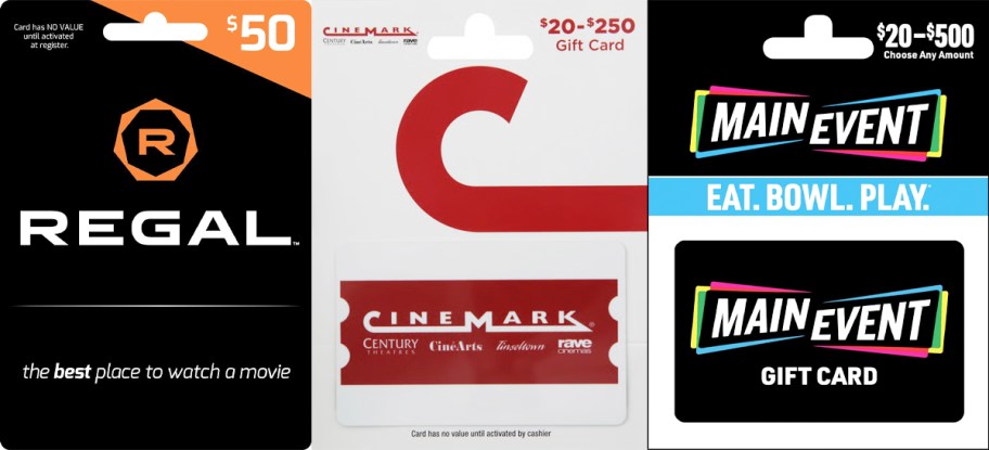 regal, cinemark, and main event giftcards 
