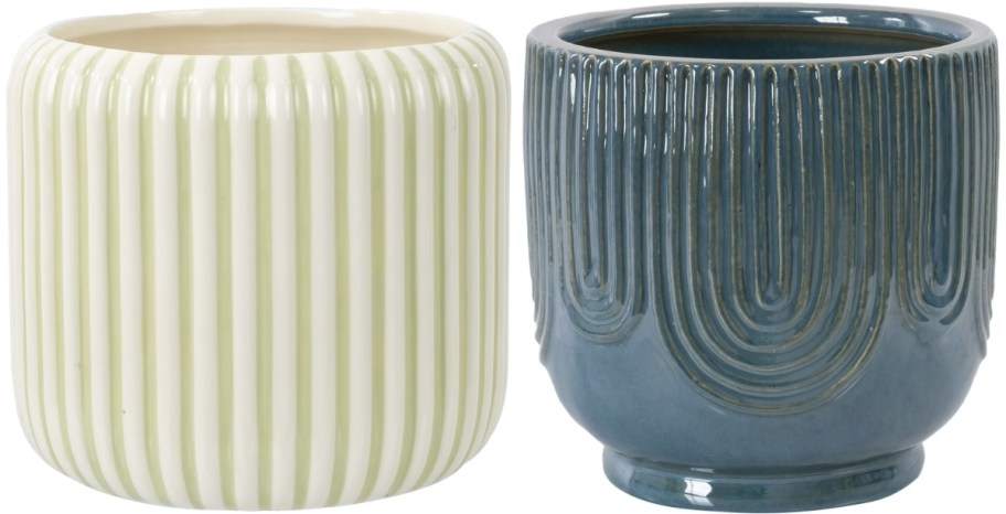 sage and white striped planter and a blue glazed ceramic planter
