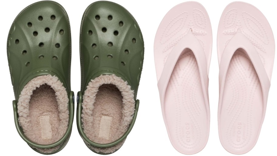 a pair of green crocs clogs and a pair of pink croc saNDALS