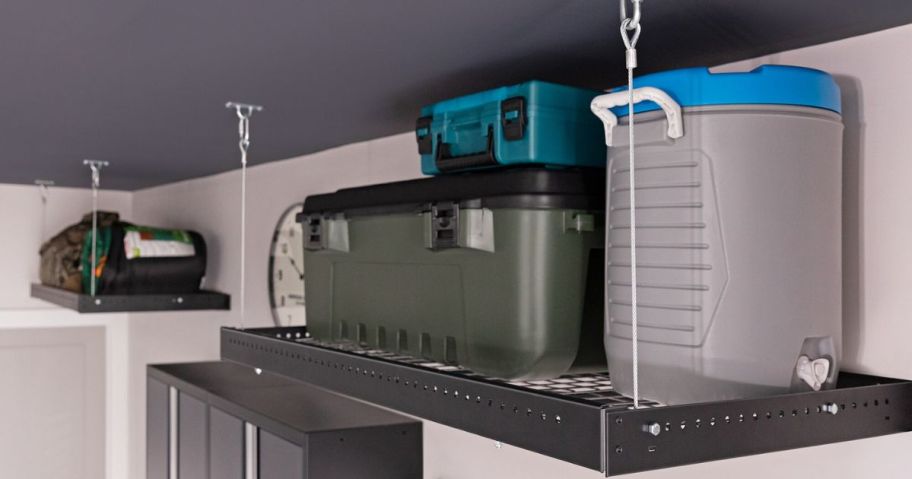 hanging garage shelving with items on it