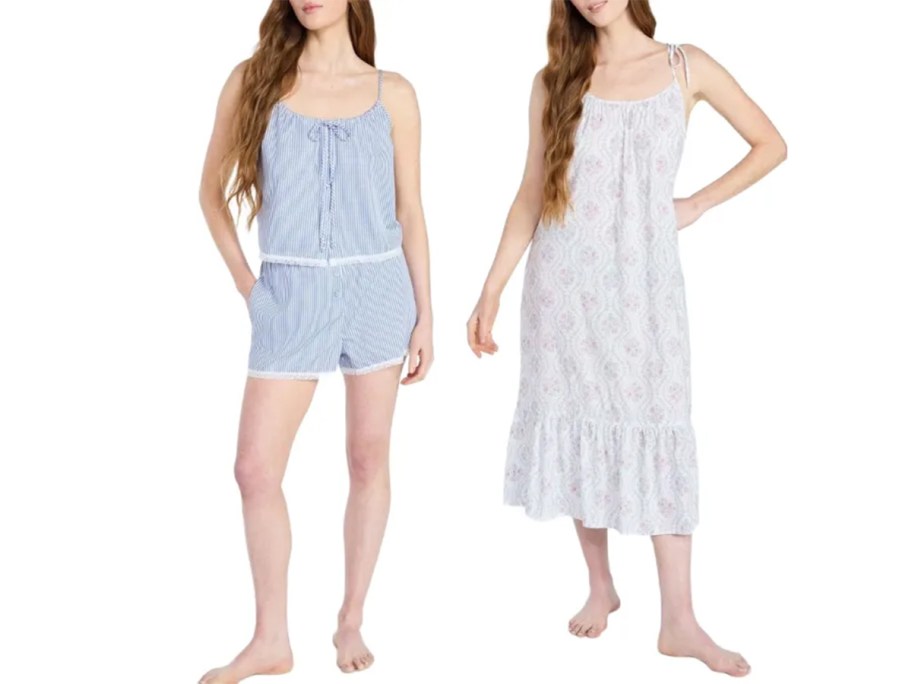 women wearing blue pajama sets 