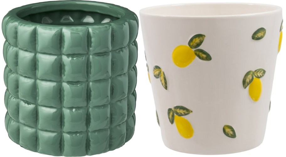 green textured planter and white round lemon icon planter
