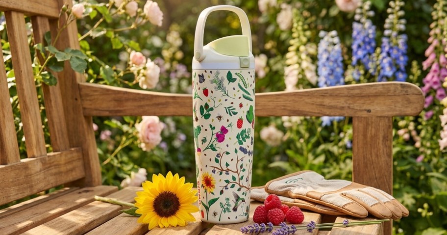 A floral water bottle and gardening gloves rest on a wooden bench in a vibrant garden with blooming flowers.