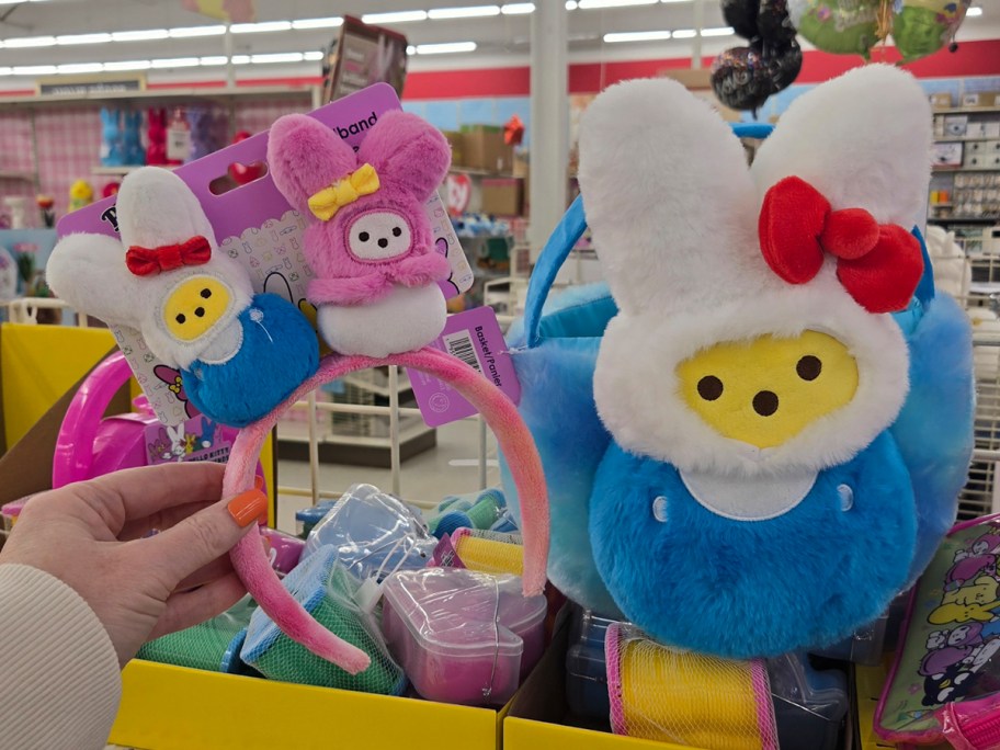 hand holding peeps headbands and plush basket 