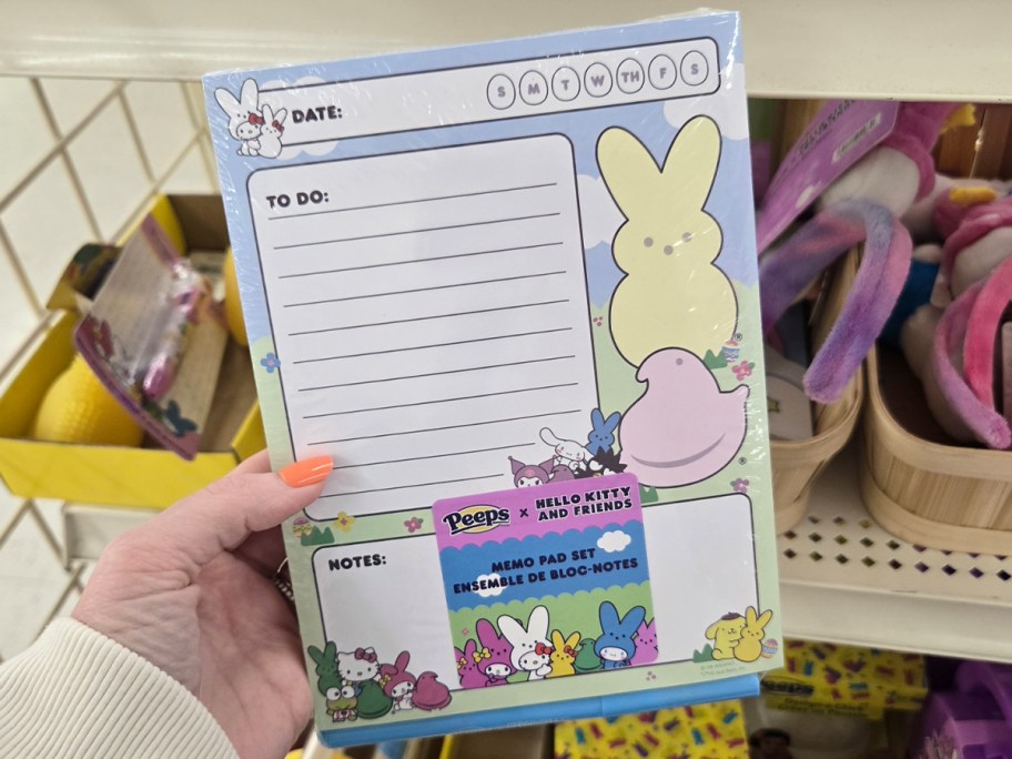 hand holding peeps memo pad 