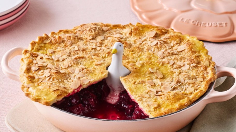 a duck pie vent in the center f a baked pie