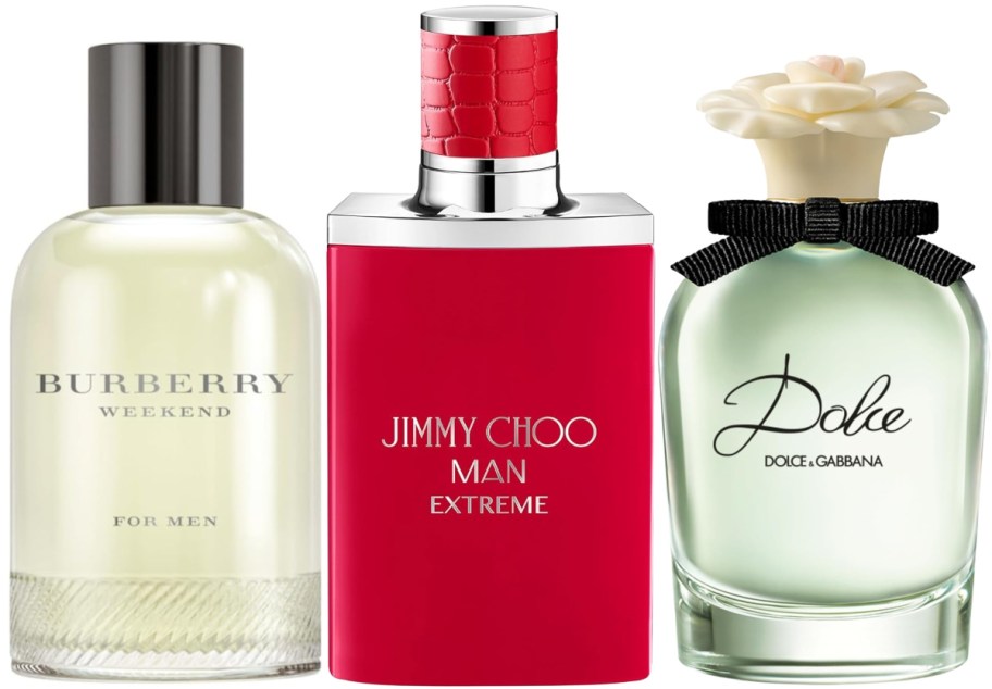 Three perfume bottles are shown: a minimalist Burberry bottle, a bold red Jimmy Choo bottle, and a Dolce & Gabbana bottle with a floral cap.