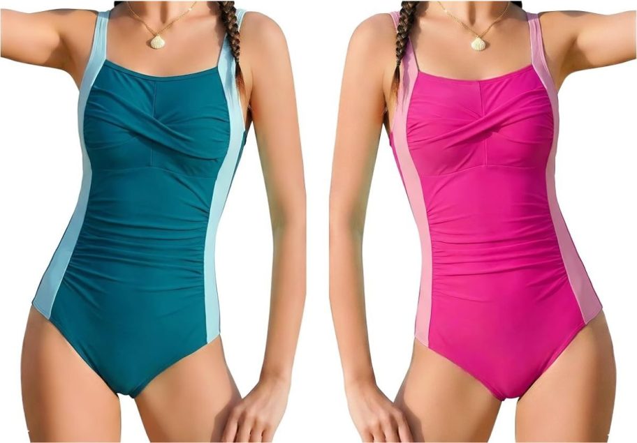 Stock images of two girls wearing one-piece Swimsuits