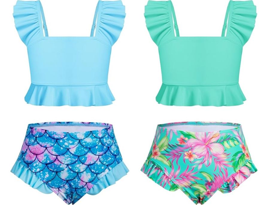 Stock images of two ruffled swimsuits for girls