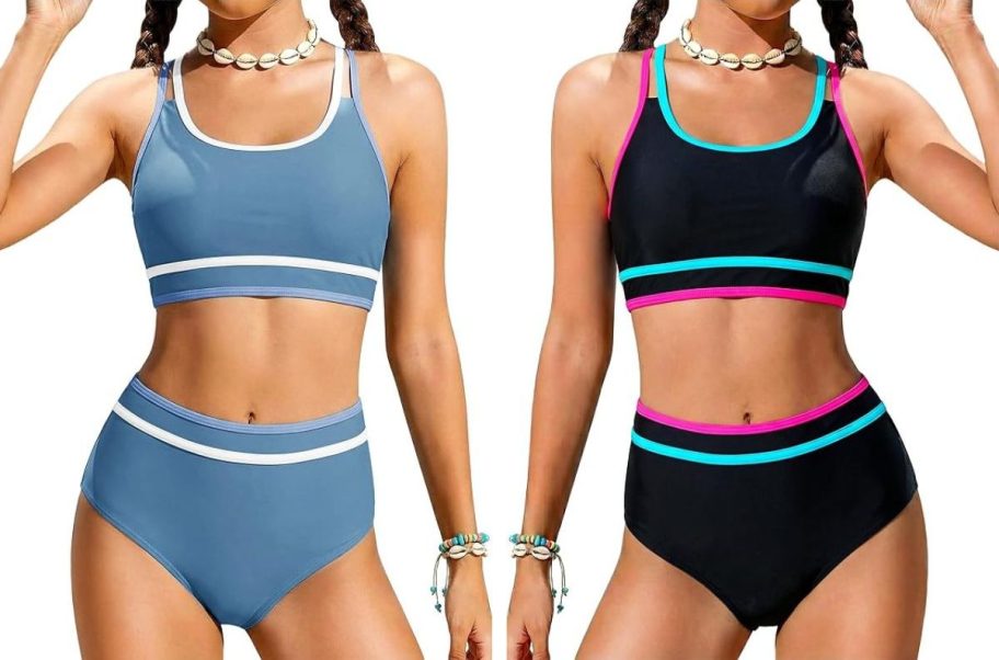 Stock images of two girls wearing sporty 2-piece swimsuits