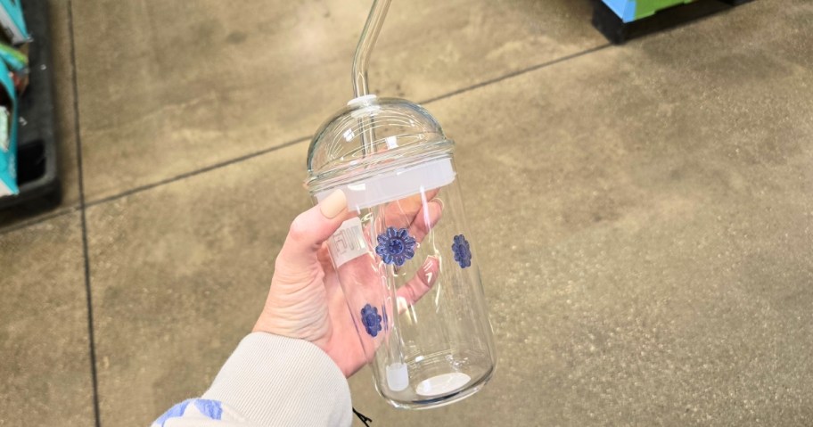 better homes & gardens glass sipper cups with flower icons and a dome shaped lid in store