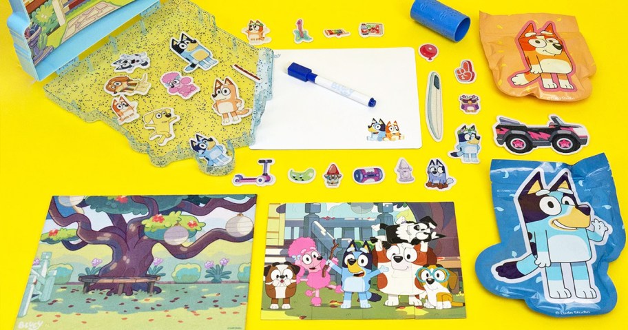 bluey activity set on a yellow background