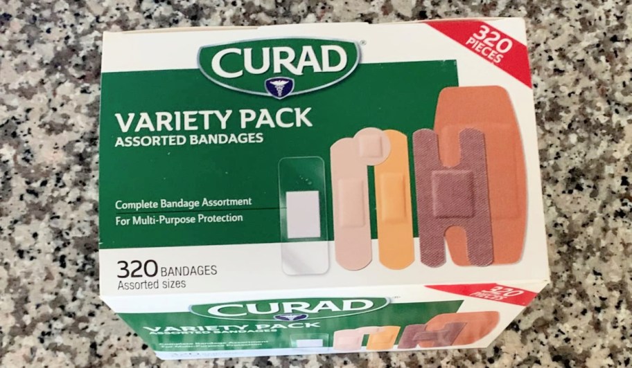 CURAD bandages variety pack box on a counter