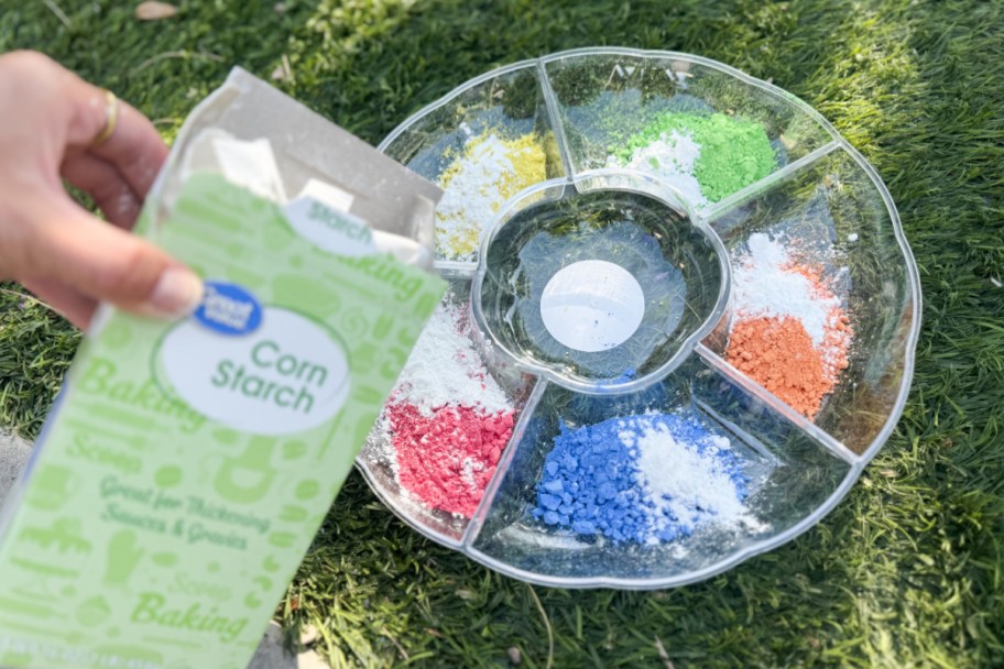 pouring corn starch into crushed chalk