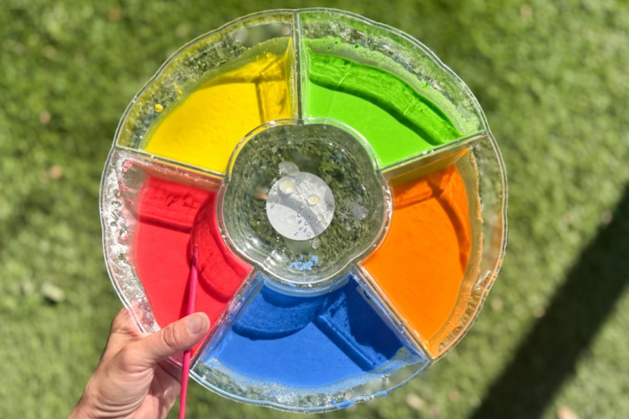 chalk paint in rainbow colors in divided tray