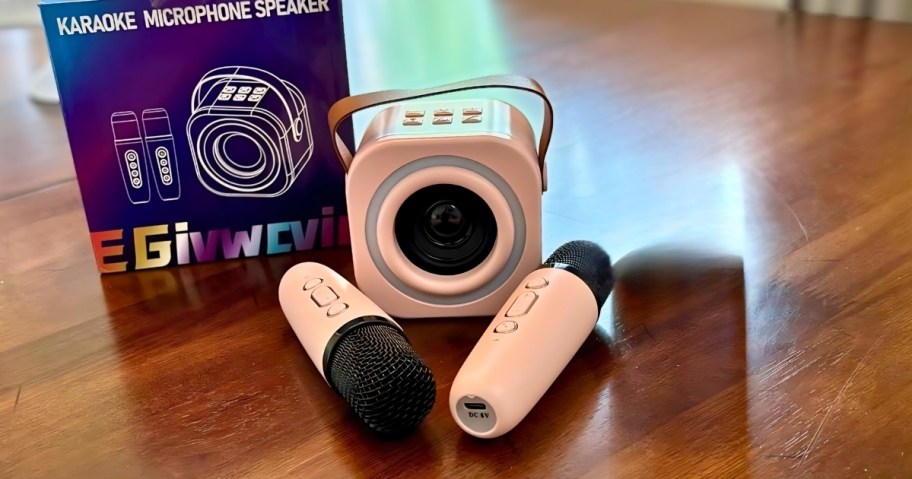 Kids Mini Karaoke Machine w/ 2 Mics&nbsp;sitting on dining room table with box