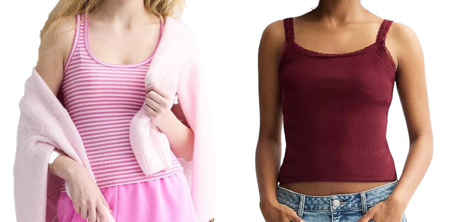 two women in pink and red tank tops