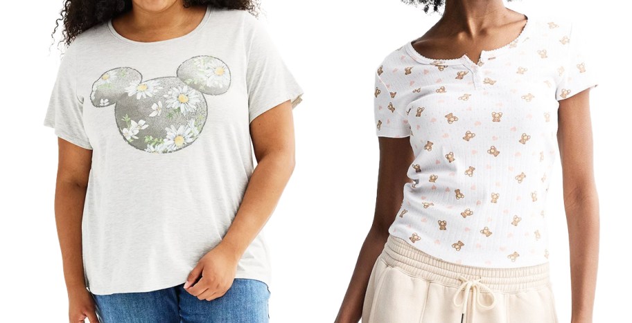 two women in mickey mouse and teddy bear print t-shirts