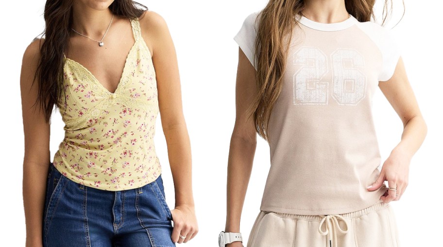 women modeling yellow tank top and pink ggraphic tee